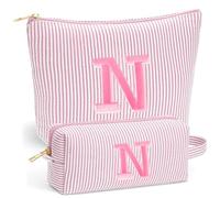 Fohufo Travel Makeup Bag Set - Embroidery Initial Travel Toiletry Bag, Personalized Portable Travel Essentials Makeup Bag | Cute Pink/Purple/Blue Stuff Gifts for Women Mom Daughter Teacher, Light Pink