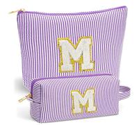 Fohufo Travel Makeup Bag Set - Initial Travel Toiletry Bag, Portable Make up Cosmetic Bag | Travel Essentials Travel Makeup Bag | Cute Pink/Purple/Blue Stuff Gifts for Women Mom Daughter Teacher