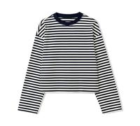 Foidiccx Striped Long Sleeve Shirt Women Y2k Oversized Crewneck Vintage Tops Fall Winter Drop Shoulder Cute Preppy Pullover, Navy Blue, S