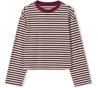 Foidiccx Striped Long Sleeve Shirt Women Y2k Oversized Crewneck Vintage Tops Fall Winter Drop Shoulder Cute Preppy Pullover, Red, Large