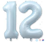 Foil 12 Balloon, Light Matte Sky Blue Big Number 12 Balloons for Boys Birthday Party Decor, 40 Inch Mylar Helium Number 12 Pastel Baby Blue Balloon for 12th Birthday Party Anniversary Decorations