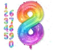 Foil 8 Balloon, Pastel Rainbow Number 8 Balloons for Boys Birthday Party Decor, 40'' Mylar Helium Self Inflating Colorful Multicolor Number 8 Balloon for Kids 8th Birthday Party Anniversary Decoration