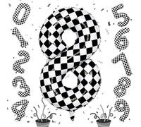 Foil 8th Birthday Number Balloon, Large Checkered Helium 8 Racing Balloons Decor, 40 Inch Self Inflating Black and White Number 8 Balloons for Boys Birthday Race Car Flag Party Decorations Supplies