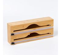 Foil and Cling Film Dispenser and Cutter, 2 in 1 Bamboo Kitchen Wrap Organizer for 33CM Wide Rolls Plastic Cling Film Dispenser Compatible Tin Foil Parchment Paper for Home Hotel Restaurant