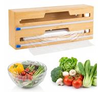 Foil and Cling Film Dispenser & Cutter, 2-Roll Bamboo Kitchen Wrap Organizer, Slide Cutter for Plastic Wrap, Aluminum Foil & Parchment Paper, Wall Mount or Countertop Storage (Wood color)