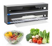 Foil and Cling Film Dispenser & Cutter, 2-Roll Bamboo Kitchen Wrap Organizer, Slide Cutter for Plastic Wrap, Aluminum Foil & Parchment Paper, Wall Mount or Countertop Storage (Black)