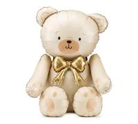 Foil Balloon Bear - 84 cm - Cream with Gold Bow - Air Filling - Standing Balloon for Baby Shower & Children's Parties
