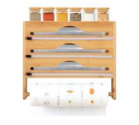 Foil Film Dispenser and Cutter with Kitchen Roll Holder, Wrap Dispenser with Cutter, Wall Mount Bamboo Kitchen Roll Cling Film and Foil Organiser, Compatible with 32cm Rolls or Lower Rolls