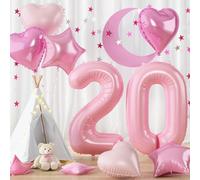 Foil Number 20 Pink Balloon - 40 Inch Pastel Baby Pink Mylar 20 Balloon with Heart Star for Women's 20th Birthday, Graduation Party Decor & Anniversary
