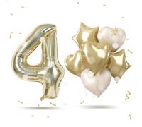 Foil Number 4 Balloon Champagne Gold for Boy, Foil Big 4th Birthday Balloon Graduation Party Decor, 40'' Light Gold Four Balloon with Cream Heart Star Helium Balloon for Women 4 Anniversary Decoration