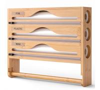 Foil Plastic Wrap Organizer Dispenser, Wall Mounted Bamboo Kitchen Paper Towel Holder with Spice Shelf, 3 in 1 12" Roll Dispenser with Cutter