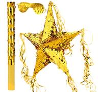 Foil Star Piñata with Blindfold and Bat for Birthday Foldable Star Shape Piñata with Stick Festive Fiesta Party Supplies Favors for Mexican Party (Gold)