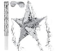 Foil Star Piñata with Blindfold and Bat for Birthday Foldable Star Shape Piñata with Stick Festive Fiesta Party Supplies Favors for Mexican Party(Silver)