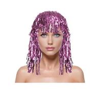 Foil Tinsel Wigs, Adult Shiny Party Disco Wig Headgear with Adjustable Elastic Cord Reusable Christmas Cosplay Supplies Pink L