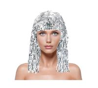 Foil Tinsel Wigs, Adult Shiny Party Disco Wig Headgear with Adjustable Elastic Cord Reusable Christmas Cosplay Supplies Silver L