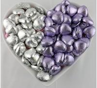 Foil Wrapped Milk Chocolate Hearts - ideal Wedding Favours, Anniversary, and Mothers Day - 20 Silver & Lilac Hearts MADE IN THE UK (20, SILVER & LILAC)