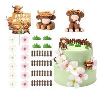 Foilswirl 23 Pcs Highland Cow Cake Decorations - Cow Cake Toppers, Happy Birthday Party Favors & Mini Cake Decor for Animal, Western Farm Themed Baby Shower Party Supplies