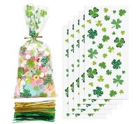 FOIMAS 150pcs St Patrick's Day Cellophane Treat Bags,Irish Shamrock Cello Candy Goodie Bags with Twist Ties for St Patrick Day Irish Party Favor Supply