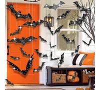 FOIMAS 168pcs Halloween Hanging Bat,Large Glittery Black Bats Wall Sticker Decal for Wall Door Patio Halloween Party Decor
