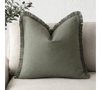 Foindtower Decorative Linen Fringe Throw Pillow Covers Cozy Boho Farmhouse Cushion Cover with Tassel Soft Accent Pillowcase for Chair Sofa Bed Living Room Home Decor, 20×20 Inch, 1PC, Olive Green