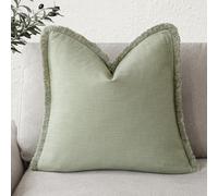 Foindtower Decorative Linen Fringe Throw Pillow Covers Cozy Boho Farmhouse Cushion Cover with Tassels Soft Accent Pillowcase for Chair Sofa Bed Living Room Home Decor, 18×18 Inch, 1PC,Light Sage Green