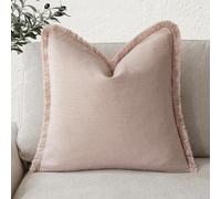 Foindtower Decorative Linen Fringe Throw Pillow Covers Cozy Boho Farmhouse Cushion Cover with Tassels Soft Accent Pillowcase for Chair Sofa Bed Living Room Home Decor, 22×22 Inch, 1PC,Light Pink