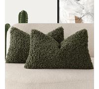 Foindtower Decorative Pillow Covers from Curly Teddy Wool, Boucle Texture, Faux/Sheep Skin Cover for Lumbar Pillow, Decorative, Fluffy, for Sofa, Bedroom, Car, Set of 2, 30.5 x 50.8 cm, Olive Green