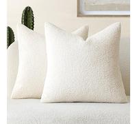 Foindtower Pack of 2, Curly Faux Fur Decorative Throw Pillow Covers Soft Neutral Plush Cushion Case Cozy Fluffy Furry Pillowcase for Home Living Room Couch Bedroom Sofa 18 x 18 Inch, Cream White