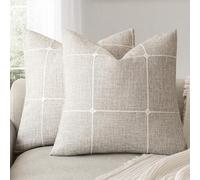 Foindtower Pack of 2 Decorative Faux Linen Jacquard Check Throw Pillow Covers Farmhouse Cushion Cover with Grid Textured Accent Pillowcase for Couch Sofa Living Room Home Decor,16×16 Inch,Beige