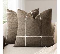 Foindtower Pack of 2 Decorative Faux Linen Jacquard Check Throw Pillow Covers Farmhouse Cushion Cover with Grid Textured Accent Pillowcase for Couch Sofa Living Room Home Decor,16×16 Inch,Cocoa Brown