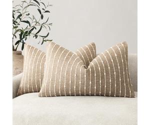 Foindtower Pack of 2 Decorative Jacquard Boucle Lumbar Throw Pillow Covers Accent Textured Striped Pillowcases Cozy Boho Cushion for Couch Sofa Bedroom Living Room Home Decor 12x20 Inch Camel