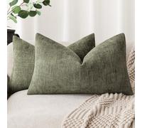 Foindtower Pack of 2 Textured Chenille Throw Decorative Pillow Covers Square Accent Solid Cushion Cover Neutral Farmhouse Lumbar Pillow Case for Couch Sofa Bedroom Living Room 12x24 Inch,Dark Green
