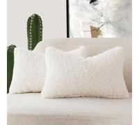 Foindtower Set of 2 Curly Teddy Wool Faux Fur Pillow Covers Decorative Boucle Textured Lumbar Throw Pillow Oblong Accent Pillowcases Sheepskin Cushion Case for for Chair and Couch 12"x20" White