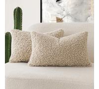 Foindtower Set of 2 Curly Teddy Wool Pillow Covers Decorative Boucle Textured Lumbar Throw Pillow Faux Fur Pillowcases Sheepskin Cushion Case for Sofa Bedroom Car 12"x20" Light Khaki