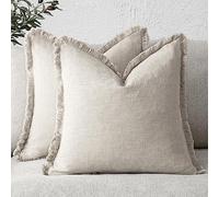 Foindtower - Set of 2 Decorative Boho Farmhouse Style Linen Fringe Cushion Covers with Tassels - For Couch, Sofa, Bed, Living-Room - Home Decor - 60 x 60 cm - Beige
