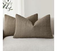 Foindtower Set of 2 Decorative Linen Check Throw Pillow Covers Neutral Farmhouse Lumbar Cushion Covers Modern Boho Home Decor for Sofa Chair Couch Bedroom Living Room Outdoor,12×20 Inch,Light Brown