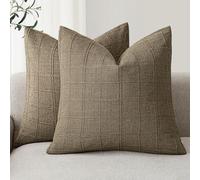 Foindtower Set of 2 Decorative Linen Check Throw Pillow Covers Neutral Farmhouse Vintage Cushion Covers Modern Boho Home Decor for Sofa Chair Couch Bedroom Living Room Outdoor,22×22 Inch,Light Brown
