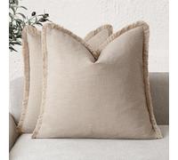 Foindtower Set of 2 Decorative Linen Cushion Covers with Fringe, Boho Cushion Covers with Tassels for the Sofa, Bed, Living Room, Home Decor, 41 x 41 cm, Toasty Beige