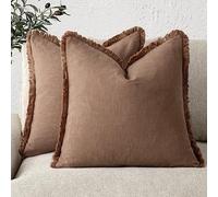 Foindtower Set of 2 Decorative Linen Cushion Covers with Fringe, Cosy Boho Cushion Covers with Tassels for the Sofa, Bed, Living Room, Home Decor, 56 x 56 cm, Rust