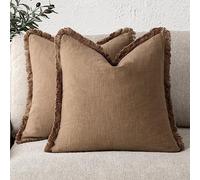 Foindtower Set of 2 Decorative Linen Cushion Covers with Fringe, Cosy Boho Cushion Covers with Tassels for the Sofa, Bed, Living Room, Home Decor, 41 x 41 cm, Khaki Brown