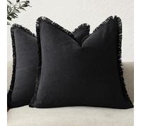 Foindtower Set of 2 Decorative Linen Cushion Covers with Fringe, Cosy Boho Cushion Covers with Tassels for the Sofa, Bed, Living Room, Home Decor, 56 x 56 cm, Black