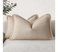 Foindtower Set of 2 Decorative Linen Cushion Covers with Fringes for Lumbar Cushion, Bohemian and Rustic Style with Tassels, Soft, for Sofa, Bed, Living Room, 30.5 x 50.8 cm, Beige Tan