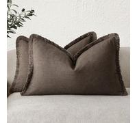 Foindtower Set of 2 Decorative Linen Cushion Covers with Fringes for Lumbar Cushion, Rustic with Tassels, Soft, for Sofa, Bed, Living Room, Home Decor, 30.5 x 50.8 cm, Reddish Brown