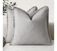 Foindtower Set of 2 Decorative Linen Cushion Covers with Fringes, Rustic Style with Tassels, Cushion Cover for Sofa, Bed, Living Room, Home Decor, 55,9 x 55,9 cm, Light Rustic Grey
