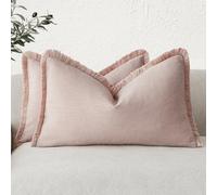 Foindtower Set of 2 Decorative Linen Fringe Lumbar Throw Pillow Covers Boho Farmhouse Cushion Cover with Tassels Soft Accent Pillowcase for Couch Sofa Bed Living Room Home Decor,12×20 Inch,Light Pink