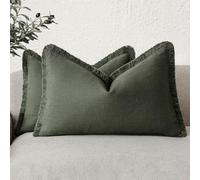 Foindtower Set of 2 Decorative Linen Fringe Lumbar Throw Pillow Covers Boho Farmhouse Cushion Cover with Tassels Accent Pillowcase for Couch Sofa Bed Living Room Home Decor,12×20 Inch,Dark Olive Green
