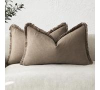 Foindtower Set of 2 Decorative Linen Fringe Lumbar Throw Pillow Covers Boho Farmhouse Cushion Cover with Tassels Soft Accent Pillowcase for Couch Sofa Bed Living Room Home Decor,12×20 Inch,Light Brown