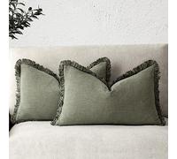 Foindtower Set of 2 Decorative Linen Fringe Lumbar Throw Pillow Covers Boho Farmhouse Cushion Cover with Tassels Soft Accent Pillowcase for Couch Sofa Bed Living Room Home Decor,12×20 Inch,Olive Green