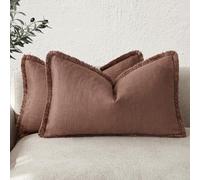 Foindtower Set of 2 Decorative Linen Fringe Lumbar Throw Pillow Covers Boho Farmhouse Cushion Cover with Tassels Soft Accent Pillowcase for Couch Sofa Bed Living Room Home Decor,12×20 Inch,Rust Red