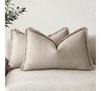 Foindtower Set of 2 Decorative Linen Fringe Lumbar Throw Pillow Covers Farmhouse Cushion Cover with Tassels Accent Pillowcase for Couch Sofa Bed Living Room Home Decor,12×24 Inch,Natural Linen